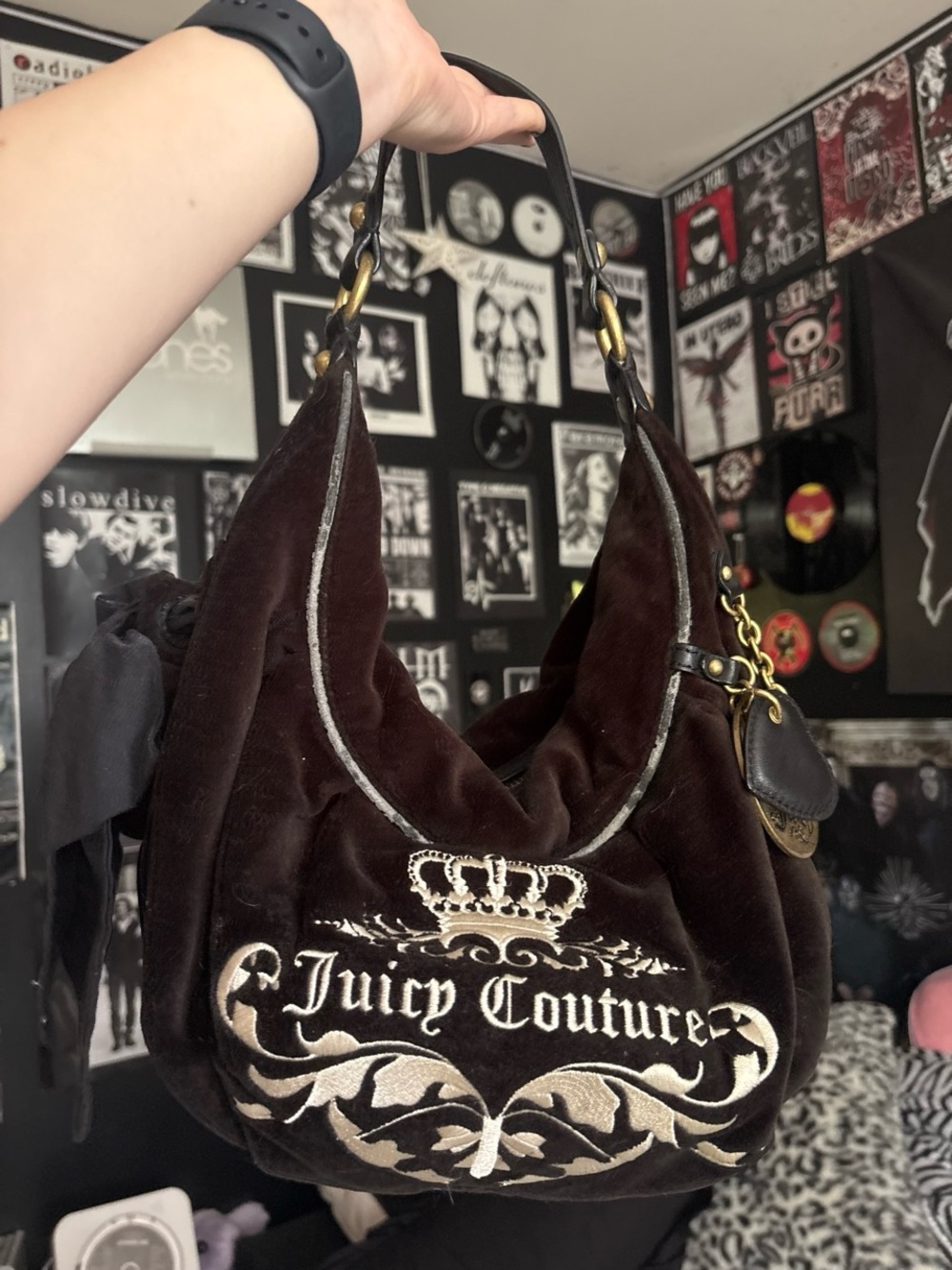 Juicy Couture Chocolate Brown Velvet Logo Hobo with Cream Embroidery